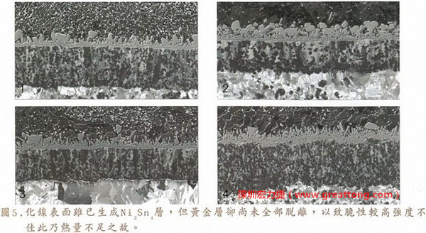 下面四圖顯示，當(dāng)焊接的熱量不足或未持續(xù)時，雖然Ni3Sn4的薄薄IMC層已經(jīng)生成而焊牢，但也會因為AuSn及AuSn2還未來得及逸走，而停留在共金介面附近，當(dāng)有外力拉扯的時候，就很容易斷裂開來。這就是為何ENIG的焊點強(qiáng)度，始終不如銅面焊點(Cu6Sn5)來得更為牢固的主因之一。