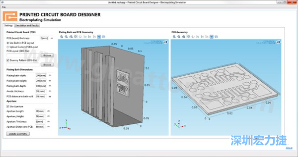 電鍍App允許PCB板設(shè)計人員導(dǎo)入不同的設(shè)計(包含或不含虛置圖形)，點擊計算，然后就能查看所仿真的厚度均勻性-深圳宏力捷