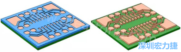 銅被電鍍在導(dǎo)電種子層之上，從而填滿了PCB板上的圖形化光刻膠腔體(左)。清除光刻膠，蝕刻暴露出的種子層以分隔開不同的銅線(右)-深圳宏力捷