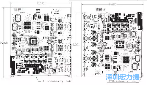 如圖7所示是使用不同數量邊條的拼板，拼板1僅使用了一個邊條，直接利用PCB另一邊作為SMT工藝傳送邊，并且PCB圖形中有合適的安裝孔；而拼板2則是按常規設計了兩個邊條。拼板方式為連接筋。圖中“Breakaway Tab”指邊條-深圳宏力捷