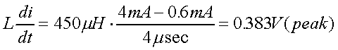 舉例來說，一個閘在"ON"而載有4mA的電流時，突然開關(guān)切到"OFF"且現(xiàn)在載有0.6mA的電流，假設(shè)開關(guān)時間為4msec，載有450mH的電感信號的導體，此時所產(chǎn)生的電壓突波為