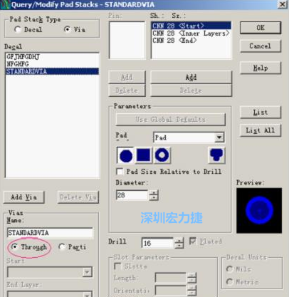 分析文件完成后，點擊菜單Setup→Pad Stacks調出焊盤堆設置窗口，將Pad Stack Type改為Via