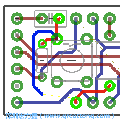 要在電路板正面進(jìn)行+5V信號線連結(jié)和其他連結(jié)點的布線工作是非常容易的，而重置信號線（信號線用來連結(jié)電路板正面左邊的重置開關(guān)）需要經(jīng)過一個可以通過電路板正反兩面的電路通道，這個通道是一個可以讓電路板正反兩面線路連接的一個小孔。