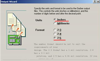 在上圖中選擇“Inches 2：5”，以確保資料精度，反之線寬、線距或孔有偏移現象