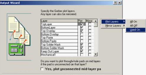 按“Next”，點擊“Menu”將Plot Layers置為Used On，Mirror Layers置為All Off后按“Next”